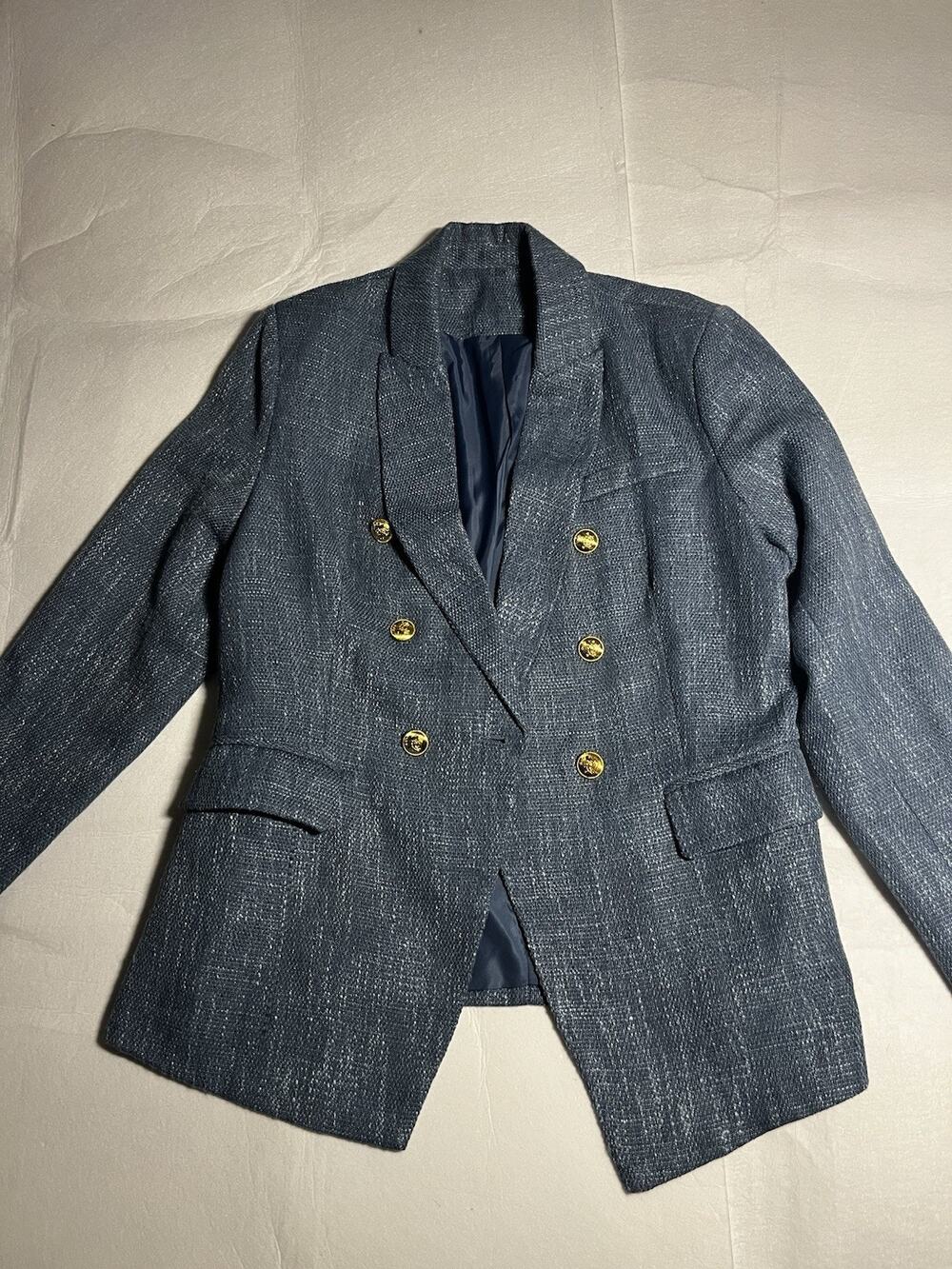 Women’s Blue Double Breasted Blazer Gold Button Textured Career Jacket